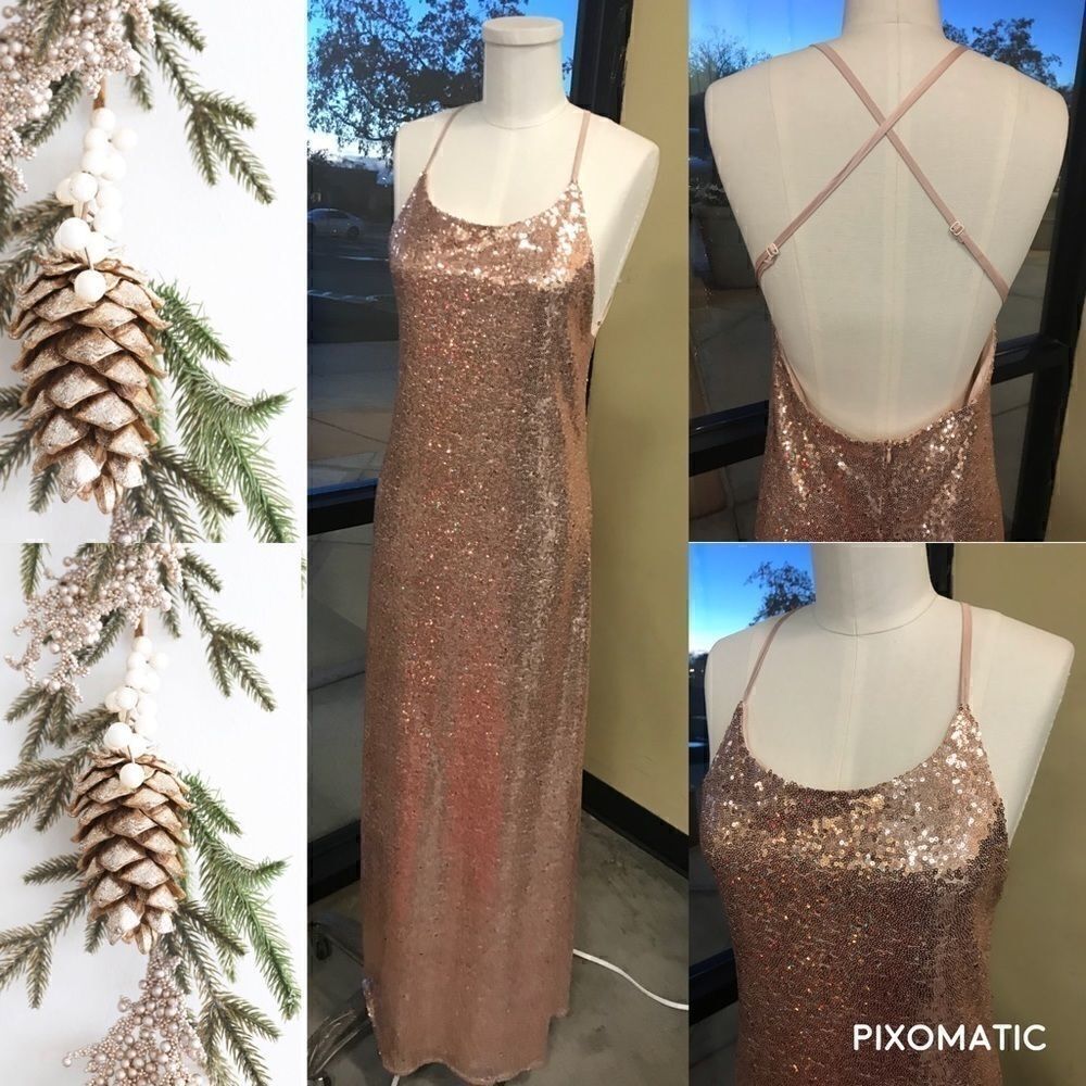 Glamorous Rose Gold Stretch Sequin Gown Dress sz M